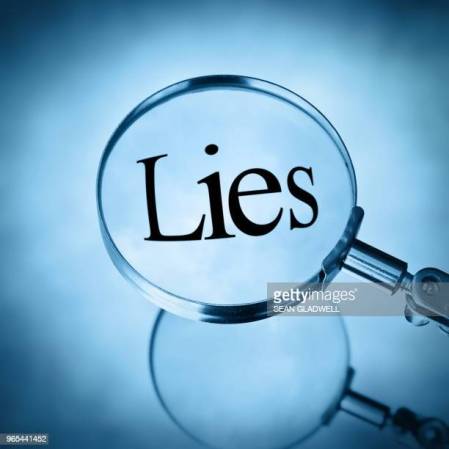 Magnifying glass with the word lies magnified in square format in blue